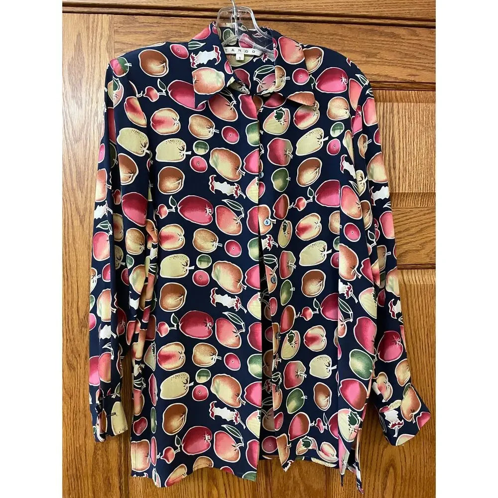 Tango 100% silk blouse size small women fruit black silky beautiful